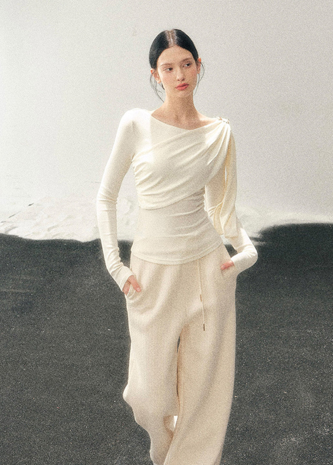 French style knit top, Korean feminine top, one shoulder long sleeve top, draped knit shirt women, winter slim fit top, elegant women knitwear, asymmetrical neckline top, waist slimming top, soft aesthetic fashion, minimal feminine top, Korean winter outfit, French chic clothing, modern women knit top, layering winter top, elegant casual top