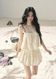 aomalm set, camisole skirt set, cotton two piece set, korean fashion set, feminine summer outfit, cream mini skirt set, romantic two piece outfit, french style summer set, soft girl outfit, cotton camisole top, summer co ord set women, mini skirt set