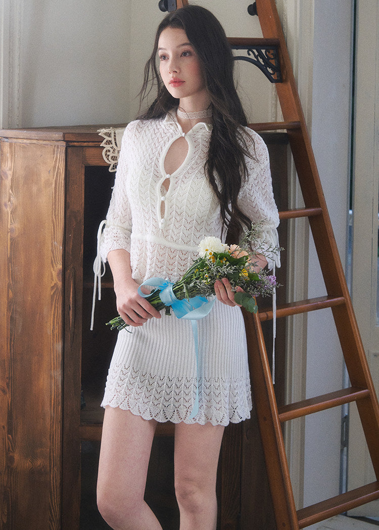 hollow knit top and skirt set, French knit skirt set, feminine Korean two piece set, cream knit mini skirt set, romantic knit outfit women, soft knit matching set, slim fit top and skirt set, elegant mini skirt set, dressy knit co-ord women, cute Korean skirt set, date outfit two piece set, soft cream knit set, fitted knit top women, feminine coordinated outfit, LaLuneDuCiel style clothing