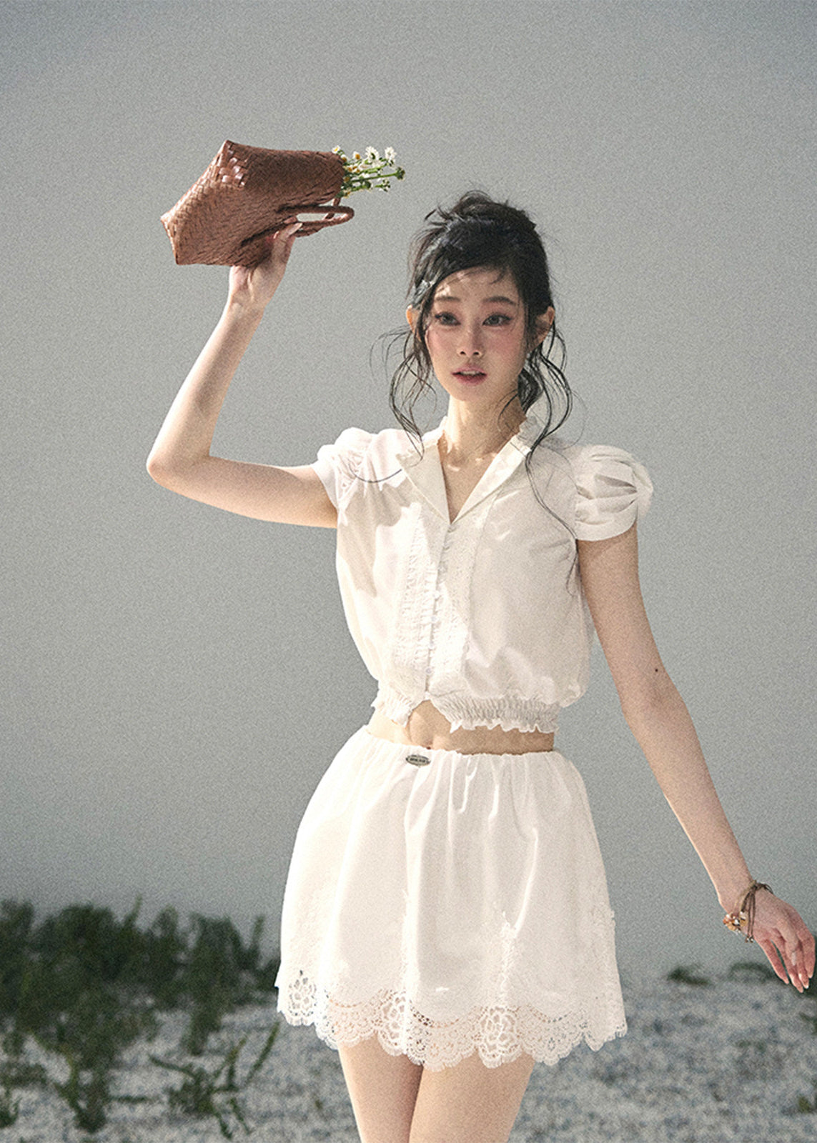 aomalm set, lace two piece set, white crop top skirt set, korean feminine set, french lace outfit, romantic summer set, lace mini skirt set, early summer outfit, feminine korean fashion, white lace top, garden style outfit, summer skirt set