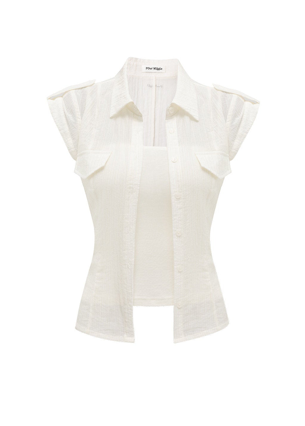 white layering top, tencel shirt women, camisole shirt set, summer two piece top, white short sleeve shirt women, korean fashion top, minimalist summer outfit, casual city outfit women, lightweight summer shirt, stylish layering set