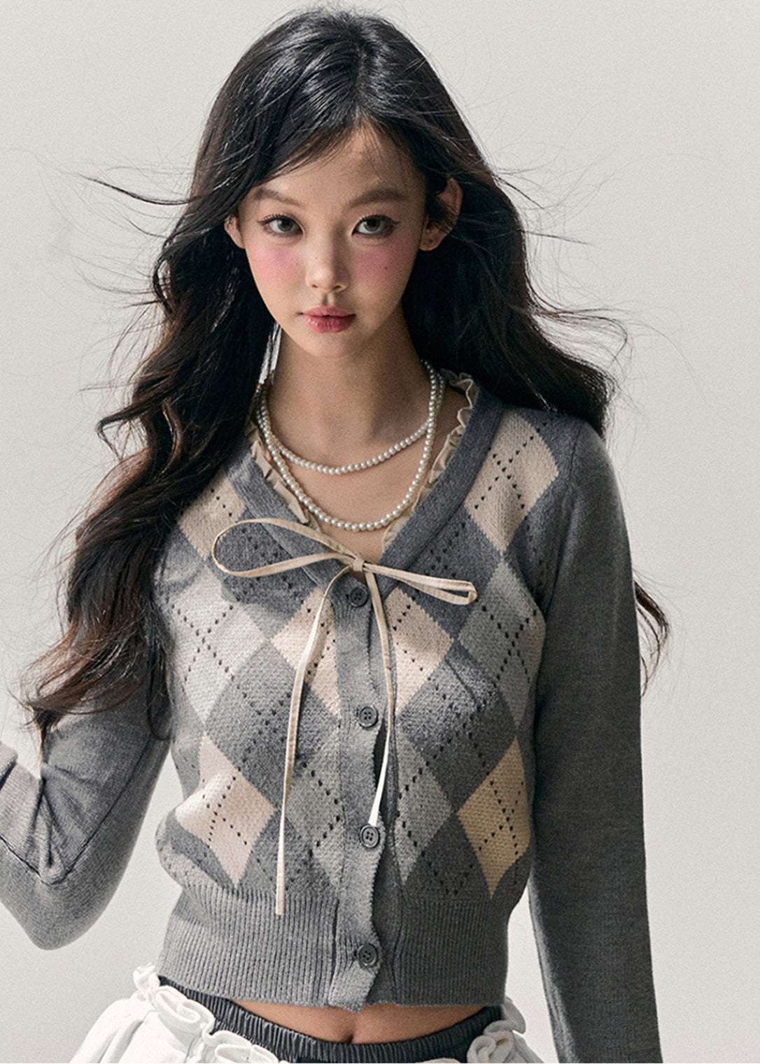 AOMALM cardigan, Korean feminine knit, French preppy cardigan, cropped knit sweater, argyle cardigan women, winter cardigan top, soft girl aesthetic sweater, Korean style knitwear, feminine cropped cardigan, ribbon tie sweater, pastel winter knit, elegant casual cardigan, preppy Korean fashion, women winter knit top, slim fit cardigan