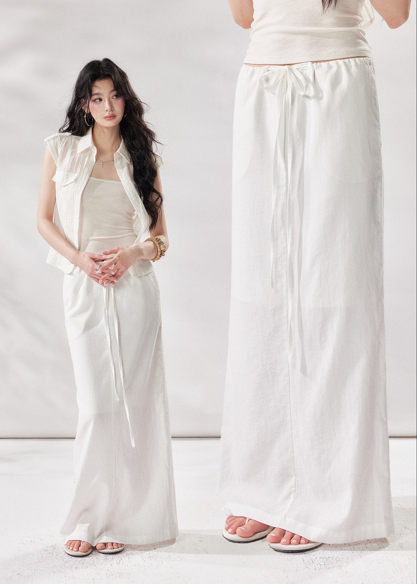 white linen skirt, high waist maxi skirt, drawstring skirt women, korean fashion skirt, long straight skirt, minimalist summer skirt, relaxed summer outfit, white maxi skirt women, linen blend skirt, vacation skirt outfit, casual elegant skirt, soft drape skirt