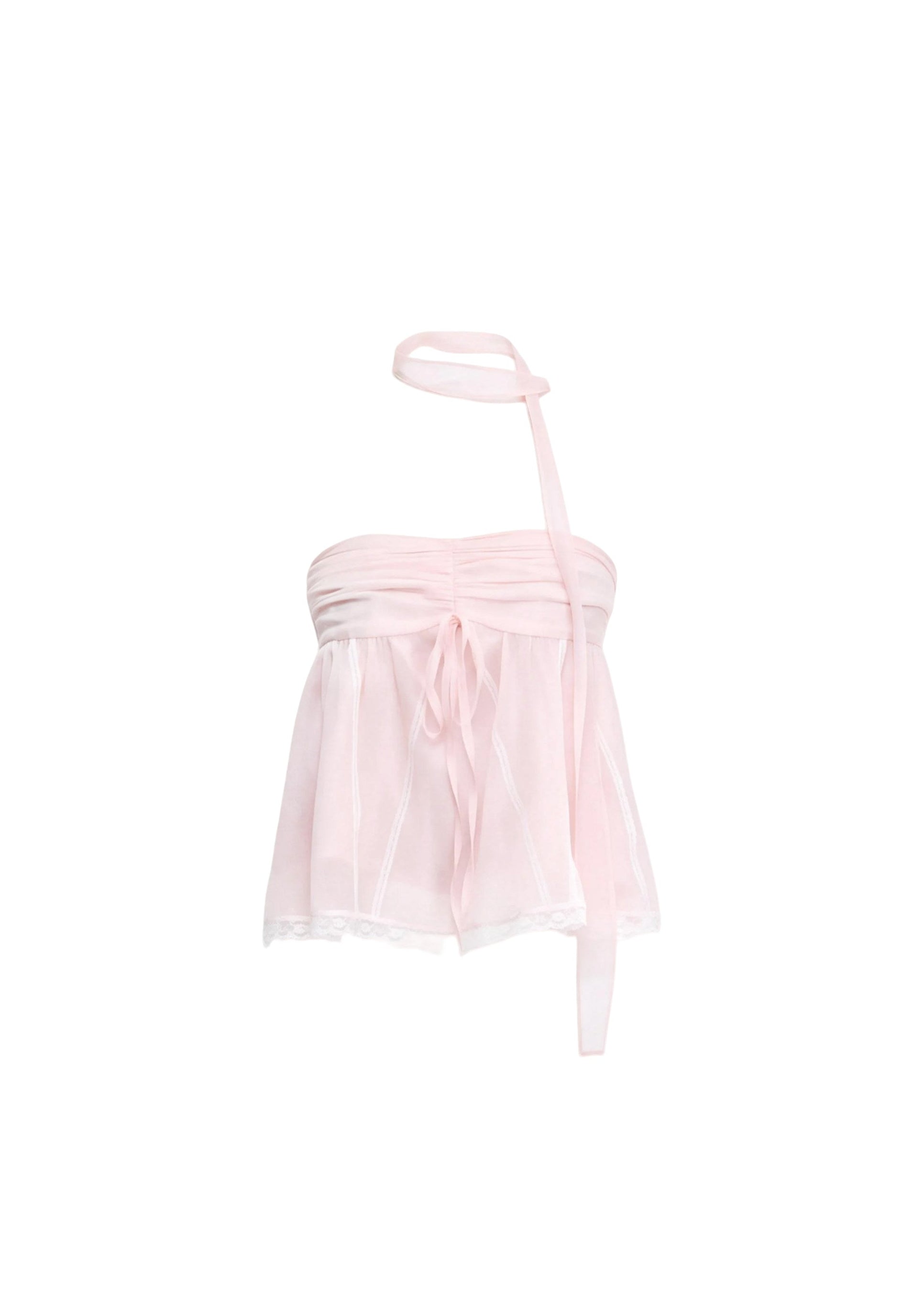 fragileheart top, halter babydoll top, pink halter top, sheer korean top, feminine summer cami, sweet spicy top, bandeau style top, lace hem cami, blush camisole top, korean romantic top, lightweight summer top, soft girl halter top
