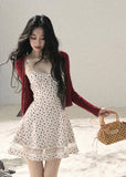 aomalm floral dress, floral slip dress set, korean feminine dress, french style mini dress, lace trim slip dress, cardigan and dress set, romantic summer dress, floral mini dress women, korean summer outfit, cute floral dress, feminine vacation dress, lace floral dress