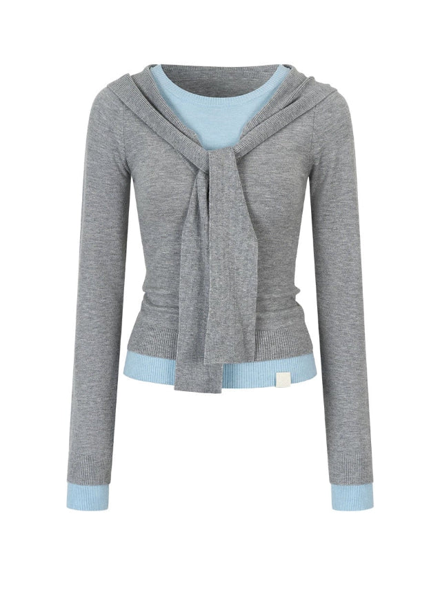 VIA PITTI knit top, fake two knitwear, contrast strap knit top, scarf illusion top, Y2K long sleeve knit shirt, autumn winter slim knit top, Korean street style knitwear, VIA PITTI inner T-shirt, layered look knit top, trendy contrast knitwear for women