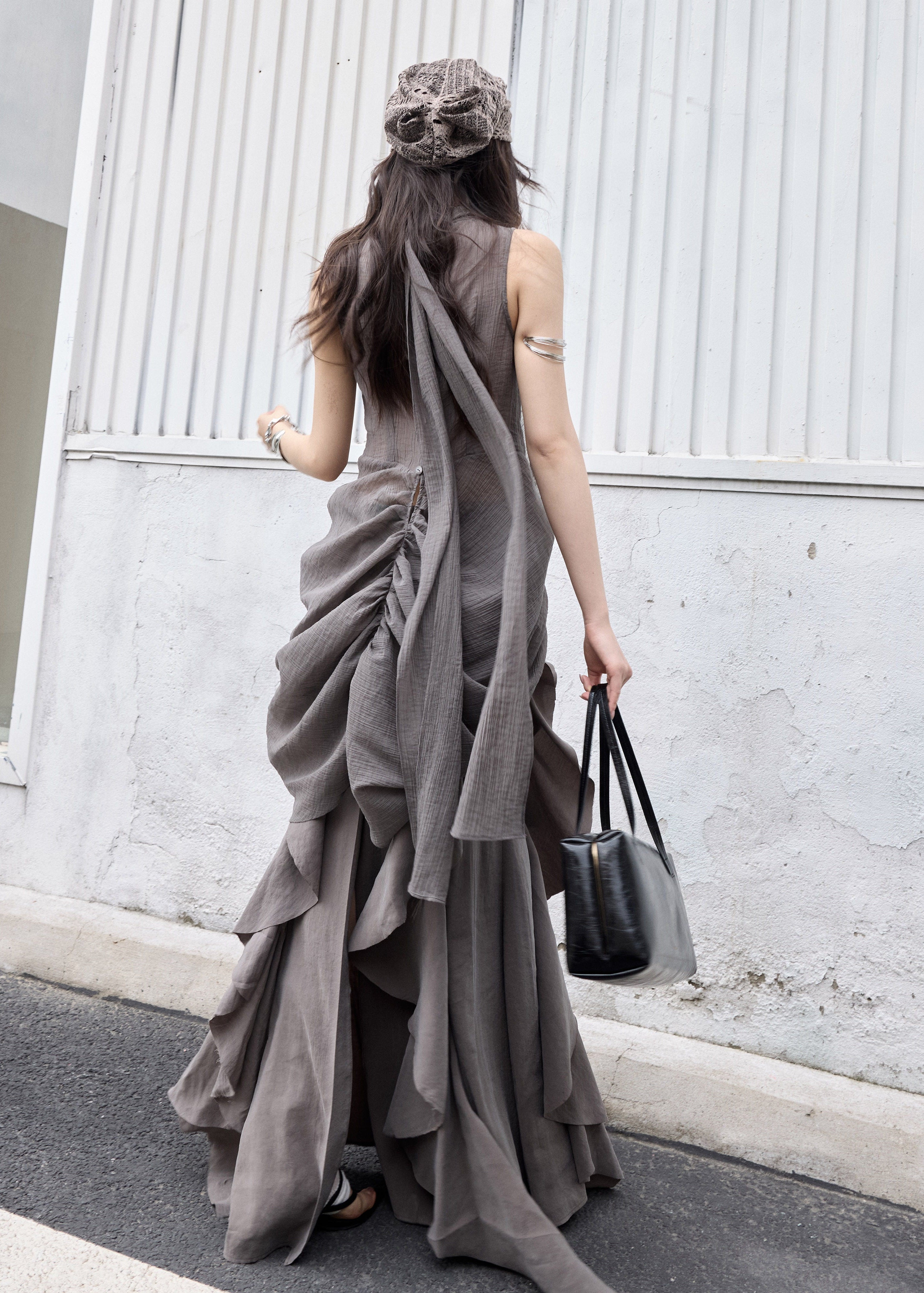 jnylon skirt, ruffle maxi skirt, korean fashion skirt, layered long skirt, gray maxi skirt, irregular ruffle skirt, stylish korean outfit, urban skirt women, modal skirt, plaid patchwork skirt, statement long skirt, korean street fashion