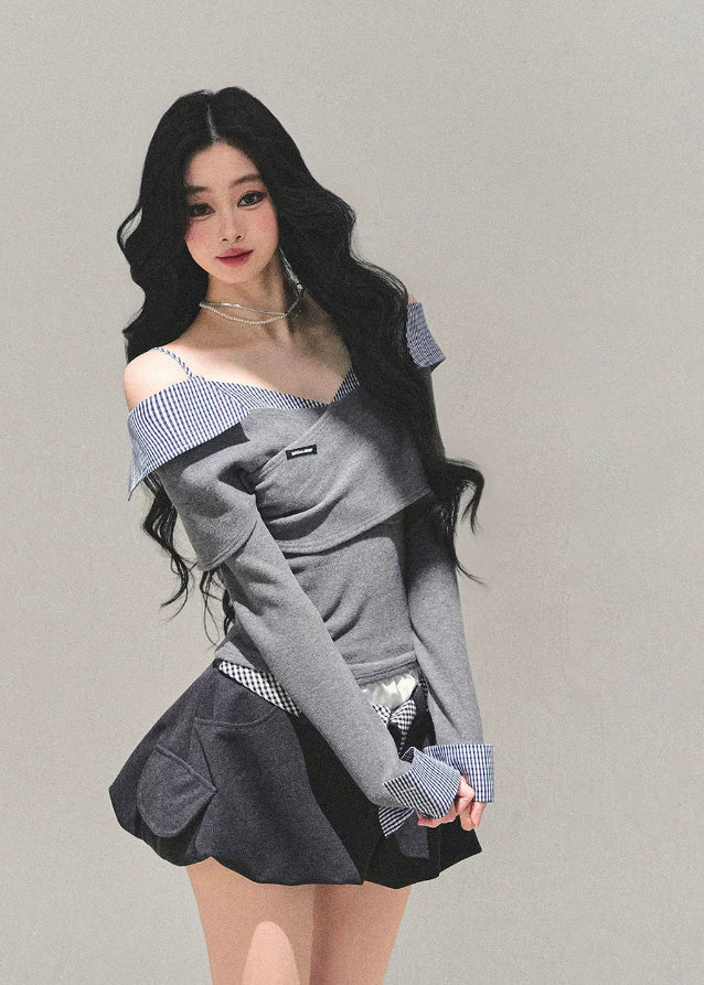 one shoulder top, asymmetric knit top, Korean fashion top, plaid layered top, fall winter knit shirt, waist slimming top, feminine Korean style, AOMALM top, draped knit blouse, off shoulder long sleeve, plaid detail shirt, aesthetic Korean outfit, trendy autumn tops, slimming knitwear women, soft girl Korean fashion, elegant knit top, street feminine style, winter layering top