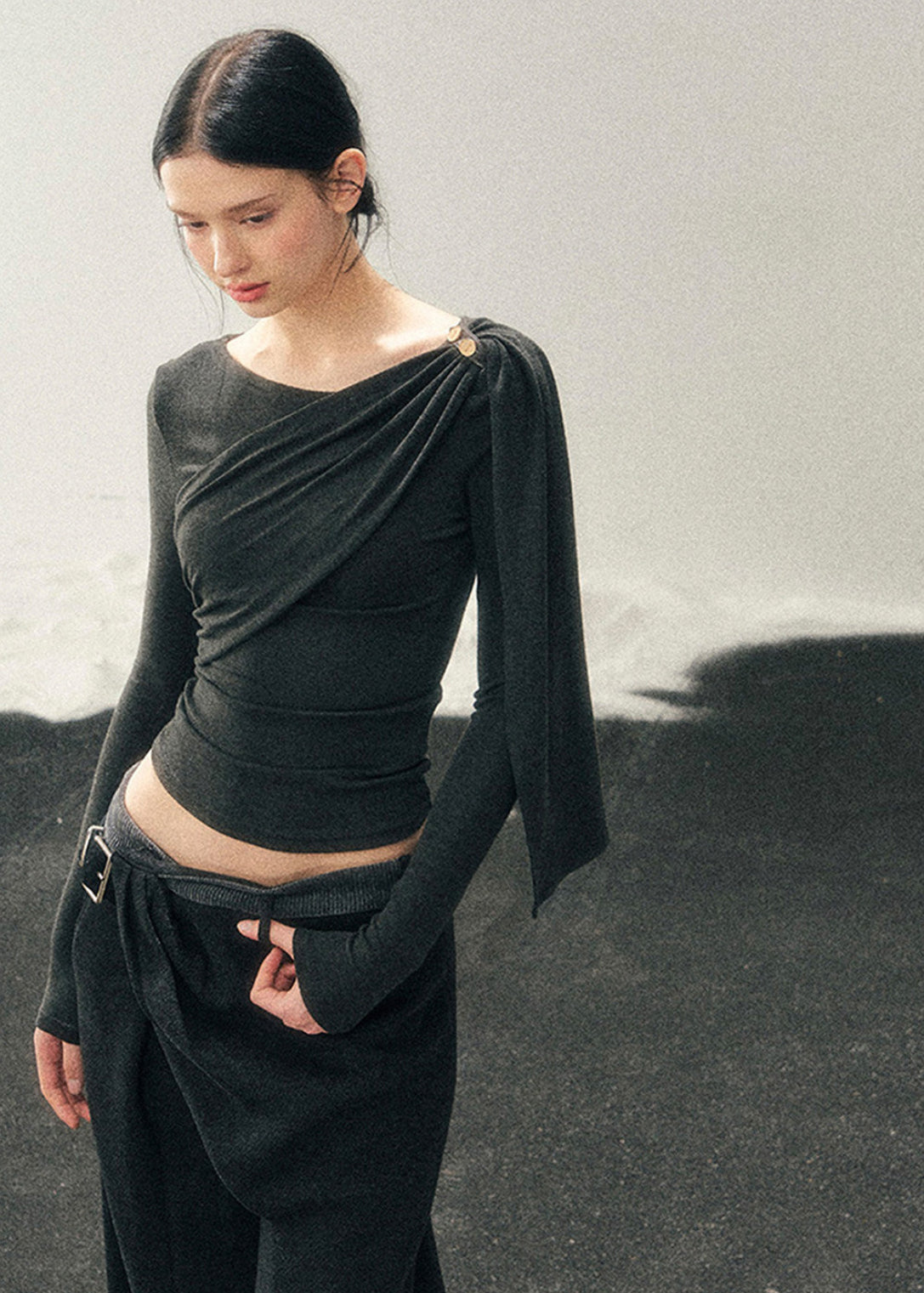 French style knit top, Korean feminine top, one shoulder long sleeve top, draped knit shirt women, winter slim fit top, elegant women knitwear, asymmetrical neckline top, waist slimming top, soft aesthetic fashion, minimal feminine top, Korean winter outfit, French chic clothing, modern women knit top, layering winter top, elegant casual top