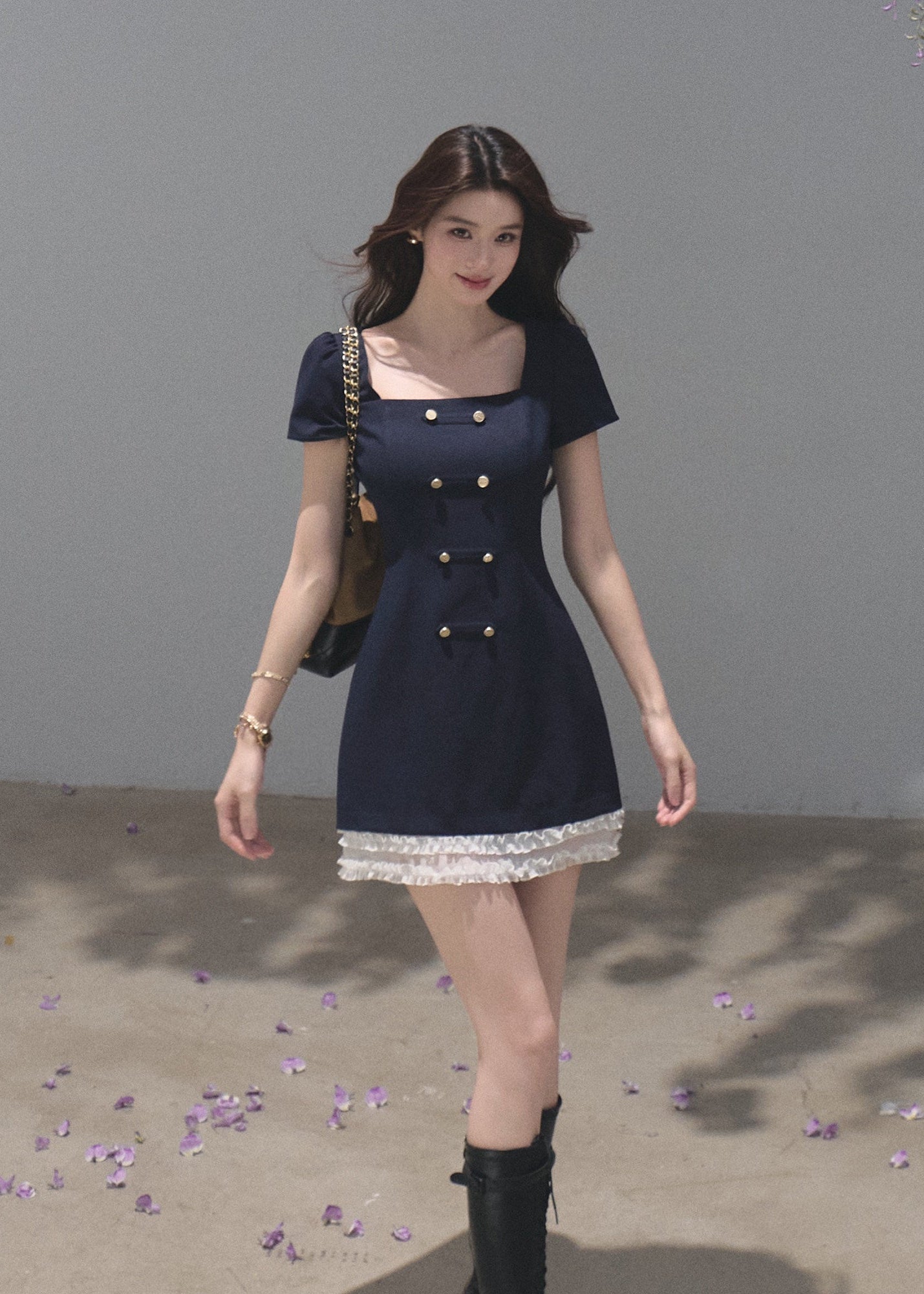 Navy square-neck mini dress with layered white lace trim