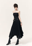 Black strapless midi dress with an asymmetric pleated skirt and wide PU belt