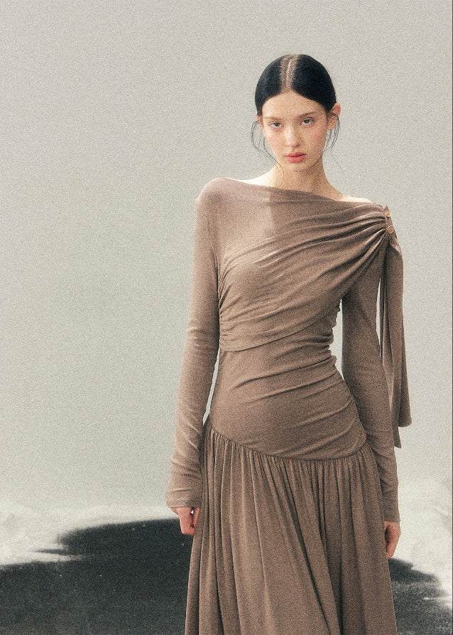 AOMALM long dress, French cool style dress, draped winter dress women, slimming long skirt dress, hip hugging maxi dress, ruched long dress women, elegant winter dress, Korean aesthetic dress, feminine draped dress, modern French style dress, body contour dress women, winter long sleeve dress, minimalist elegant dress