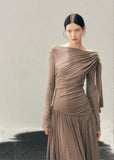 AOMALM long dress, French cool style dress, draped winter dress women, slimming long skirt dress, hip hugging maxi dress, ruched long dress women, elegant winter dress, Korean aesthetic dress, feminine draped dress, modern French style dress, body contour dress women, winter long sleeve dress, minimalist elegant dress
