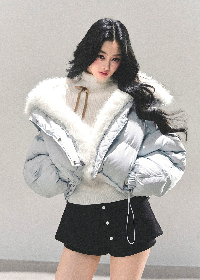 AOMALM down jacket, Korean winter jacket women, cropped fur hood jacket, white duck down coat, soft girl winter outfit, blue cropped puff jacket, warm thick down coat, Korean fashion 2025 winter, feminine winter jacket, plush collar down coat