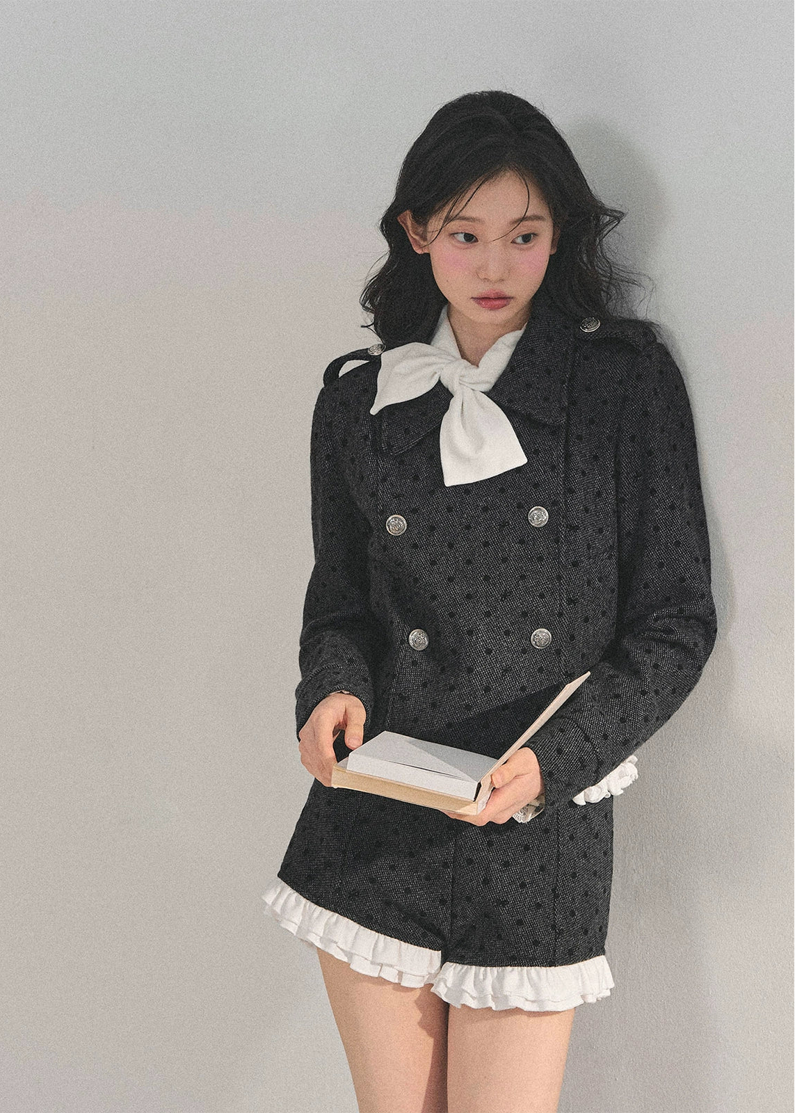 Korean wool suit set, feminine winter outfit, polka dot wool jacket, lace trim shorts set, Korean girly fashion, AOMALM suit set, soft feminine aesthetic, Korean winter clothing, cute wool two-piece, winter date outfit women, lace detail jacket, Korean street style winter, sweet girl fashion, polka dot tweed set, elegant wool short suit, Korean chic outfit, winter feminine suit set, lace trimmed wool jacket