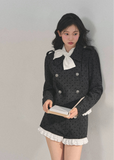 Korean wool suit set, feminine winter outfit, polka dot wool jacket, lace trim shorts set, Korean girly fashion, AOMALM suit set, soft feminine aesthetic, Korean winter clothing, cute wool two-piece, winter date outfit women, lace detail jacket, Korean street style winter, sweet girl fashion, polka dot tweed set, elegant wool short suit, Korean chic outfit, winter feminine suit set, lace trimmed wool jacket