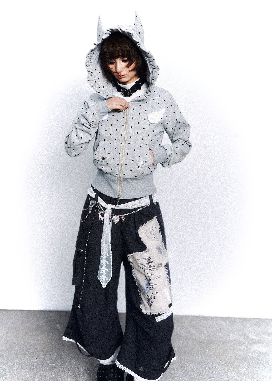 hooded jacket women, cropped hoodie women, polka dot hoodie, grunge outfit women, edgy outfit women, street style hoodie, punk style clothing, y2k edgy outfit, alternative fashion women, zip hoodie women, cropped jacket women, urban streetwear women, statement hoodie women, casual street outfit, rebellious fashion outfit, underground fashion women, dark aesthetic outfit, edgy streetwear women, lightweight jacket women, modern grunge fashion