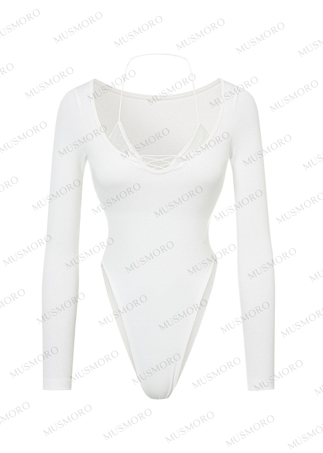 Halter-inspired knit top with delicate mesh and lace-up details