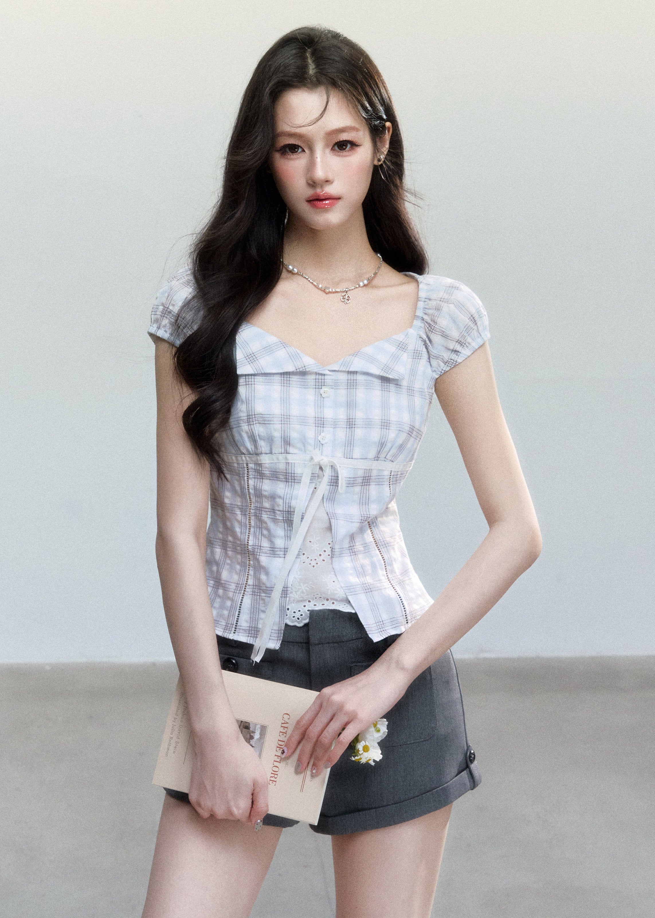 fragileheart top, blue plaid top, korean plaid blouse, academy style top, lace patchwork top, feminine summer top, tie front plaid top, cotton plaid blouse, korean fashion top, slim fit summer blouse, cute plaid top, preppy korean top