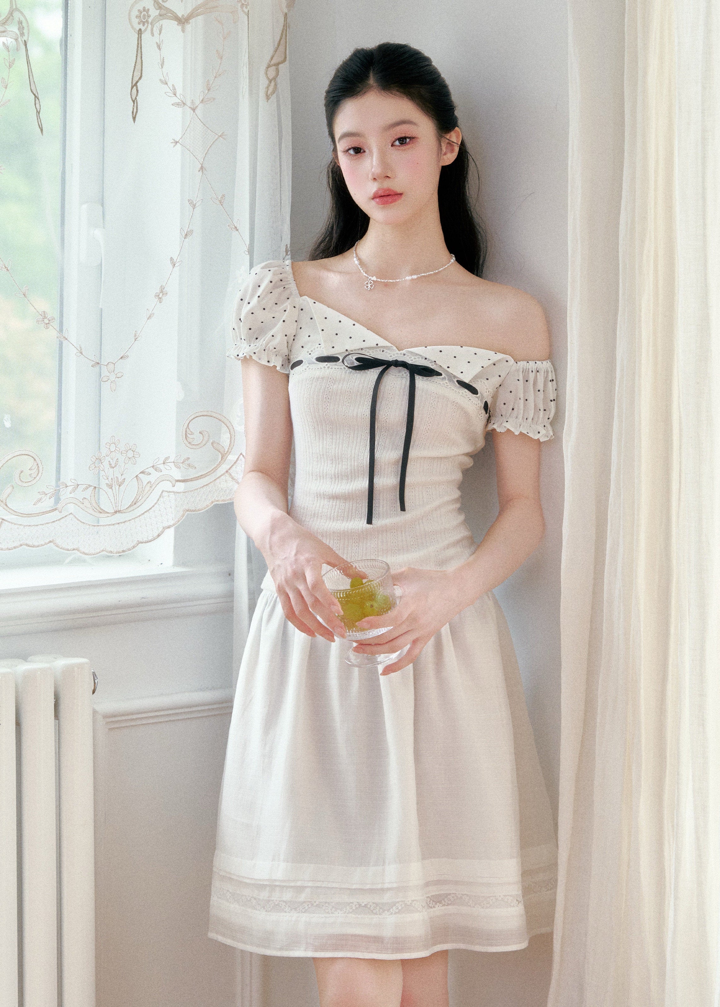 fragileheart top, square neck ribbon top, vintage korean top, off shoulder t-shirt, waist cinching top, polka dot sleeve top, feminine korean fashion, literary girl top, sweet ribbon tee, korean summer top, romantic fitted top, soft girl fashion