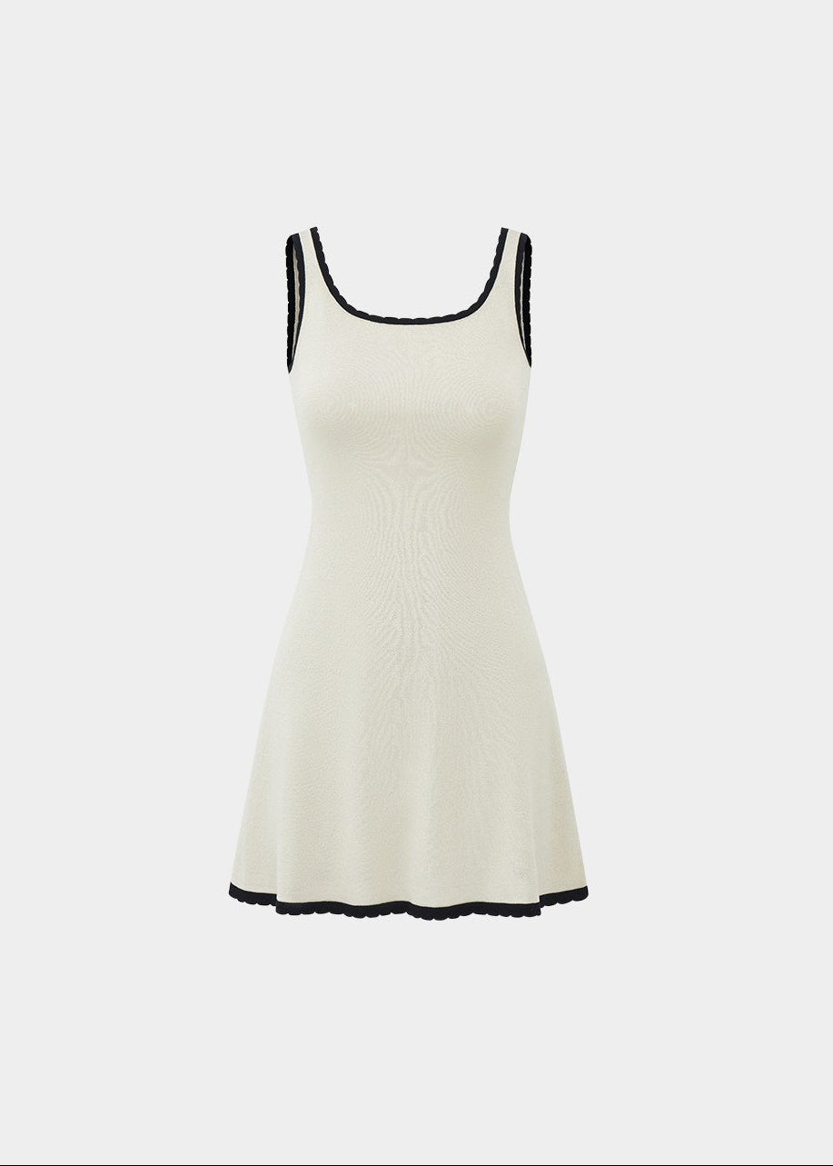 contrast trim mini dress, vintage knit dress, French style mini dress, A-line short dress, waist cinching dress, feminine Korean dress, cream mini dress, square neck dress, elegant summer dress, romantic day dress, soft knit mini dress, fit and flare dress, classy short dress, vintage inspired dress, polished feminine dress
