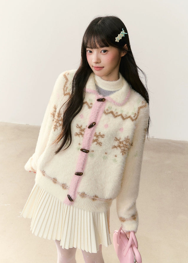 snowflake cardigan, fair isle cardigan, korean style knit sweater, soft fluffy cardigan, winter fuzzy sweater, imitation mink knit, cute korean cardigan, umoumo sweater, soft girl winter outfit, fair isle snowflake knit, cozy winter cardigan, kawaii winter cardigan, feminine knit top, warm fluffy jacket, korean fashion aw 2025