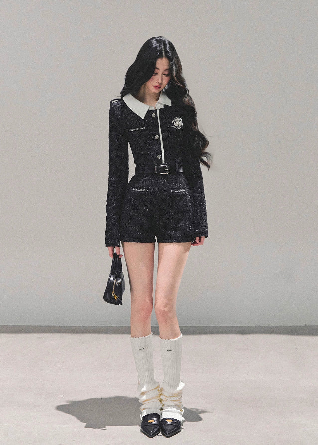 silent echo jumpsuit, AOMALM jumpsuit, Korean style romper, glitter one-piece suit, feminine jumpsuit, small fragrance style romper, winter Korean fashion, chic black jumpsuit women, short tweed jumpsuit, K-fashion outfits 2025