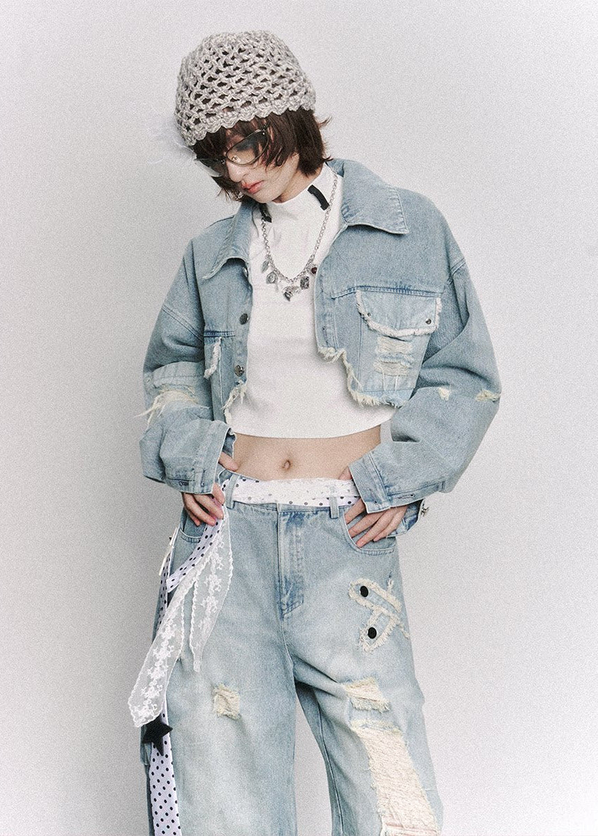 cropped denim jacket women, distressed denim jacket, grunge outfit women, edgy outfit women, street style jacket, punk style clothing, y2k edgy outfit, alternative fashion women, cropped jean jacket, raw edge denim jacket, urban streetwear women, vintage washed jacket, short denim jacket women, rebellious fashion outfit, underground fashion women, statement denim jacket, casual street outfit, modern grunge style, edgy streetwear women, distressed cropped jacket