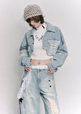 cropped denim jacket women, distressed denim jacket, grunge outfit women, edgy outfit women, street style jacket, punk style clothing, y2k edgy outfit, alternative fashion women, cropped jean jacket, raw edge denim jacket, urban streetwear women, vintage washed jacket, short denim jacket women, rebellious fashion outfit, underground fashion women, statement denim jacket, casual street outfit, modern grunge style, edgy streetwear women, distressed cropped jacket