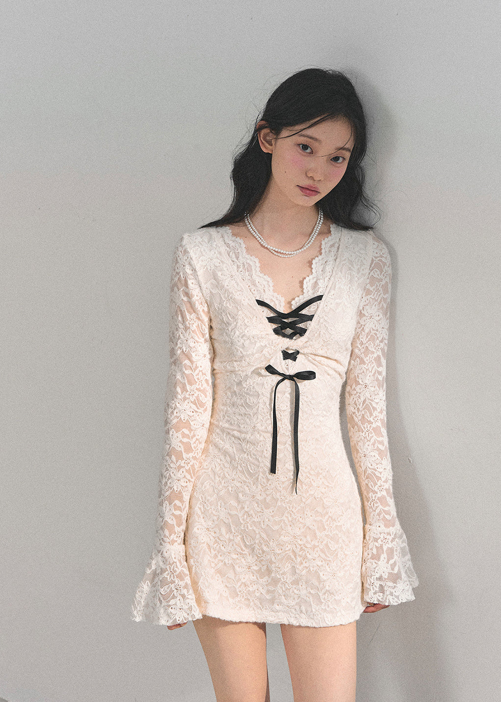 lace mini dress, French style dress, winter lace dress, corset ribbon dress, A-line puffy dress, royal sister style, elegant white dress, holiday party dress, winter date outfit, lace-up V-neck dress, Korean feminine dress, AOMALM dress, long sleeve lace dress, cute winter mini dress, luxury lace fashion, feminine winter outfit, trendy Korean dress, lace flare sleeve dress, puff hem dress, aesthetic white dress