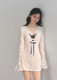 lace mini dress, French style dress, winter lace dress, corset ribbon dress, A-line puffy dress, royal sister style, elegant white dress, holiday party dress, winter date outfit, lace-up V-neck dress, Korean feminine dress, AOMALM dress, long sleeve lace dress, cute winter mini dress, luxury lace fashion, feminine winter outfit, trendy Korean dress, lace flare sleeve dress, puff hem dress, aesthetic white dress
