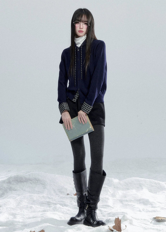 Fragile Heart knit cardigan, plaid patchwork hoodie, Korean girly knit top, layered look knit cardigan, soft feminine hoodie, navy plaid knit jacket, cute Korean hooded cardigan, romantic winter knitwear, cozy patchwork sweater, feminine layered knit top, AW Korean fashion knit hoodie