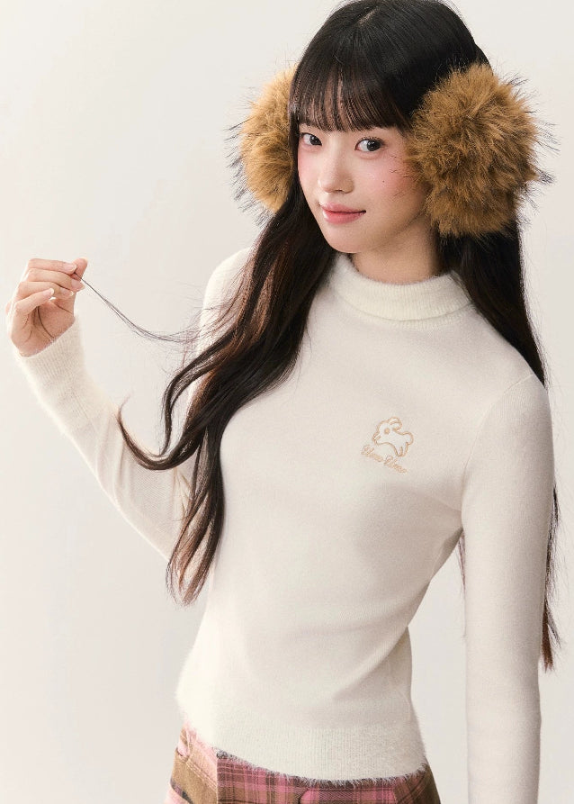 Korean soft knit sweater, bunny embroidery sweater, rabbit embroidered top, imitation mink sweater, women’s semi-turtleneck knit, soft glutinous knitwear, Korean feminine style sweater, winter warm knit top, cute rabbit sweater Korea, UMOUUMO knitwear, soft girl aesthetic top, cozy winter layering sweater, slim fit warm knit for women, kawaii Korean sweater
