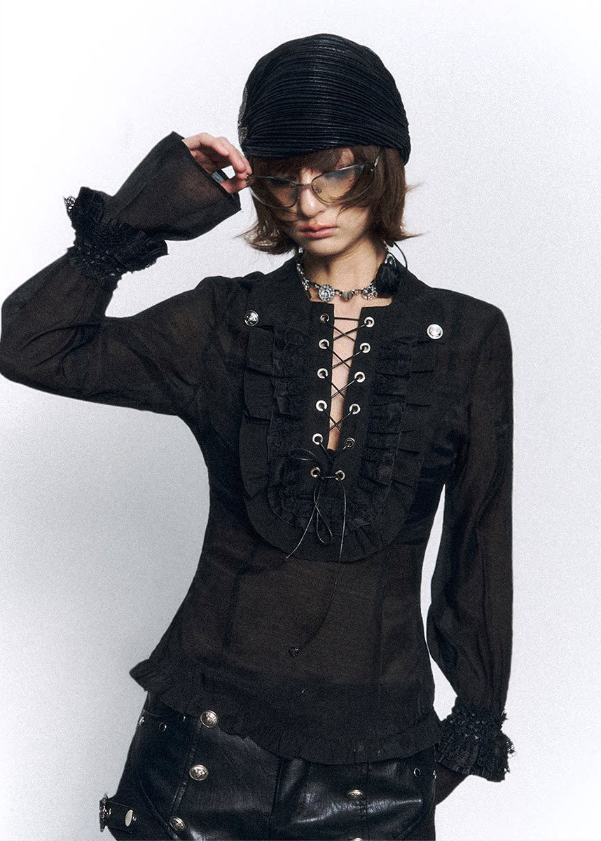 lace up top women, slim fit shirt women, sheer blouse women, grunge outfit women, edgy outfit women, street style top, punk style clothing, y2k edgy outfit, alternative fashion women, corset style top, black fitted blouse, urban streetwear women, mesh panel top, statement top women, fitted long sleeve top, rebellious fashion outfit, underground fashion women, dark aesthetic outfit, edgy streetwear women, slim gothic top