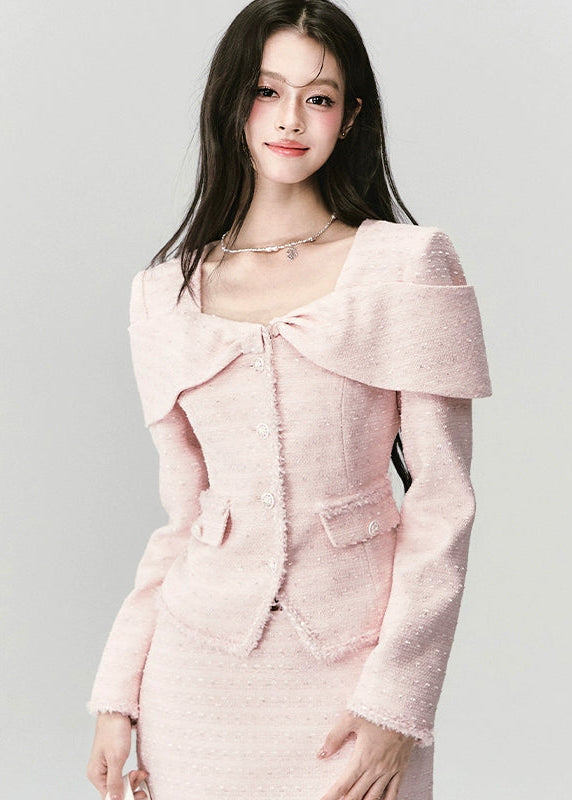 Fragileheart tweed set, pink bow jacket, luxury Korean fashion, elegant two-piece outfit, pastel tweed suit, quiet luxury womenswear, soft pink ensemble, French small fragrance style, K-fashion 2025, feminine office outfit, luxury tweed mini skirt set, romantic pastel look, modern elegant fashion, couture-inspired outfit
