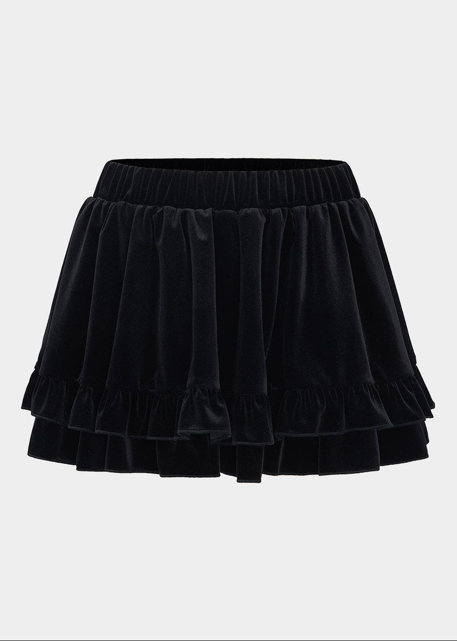 black velvet skirt, ballet mini skirt, tiered skirt women, korean fashion skirt, velvet mini skirt, flared mini skirt, feminine black skirt, soft velvet skirt, slimming mini skirt, playful chic skirt, elegant mini skirt, versatile outfit skirt, layered skirt women, aesthetic fashion skirt, modern feminine clothing, parisian style mini skirt, going out skirt, casual chic mini, refined black skirt, soft texture skirt