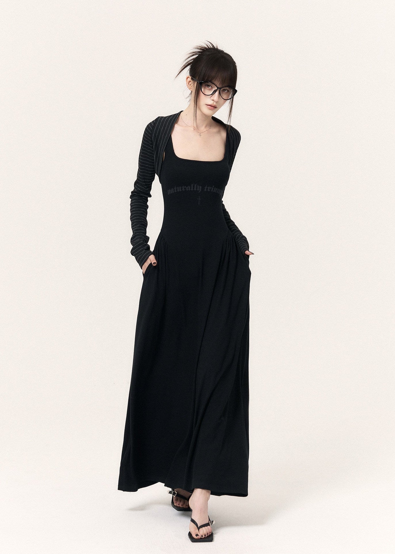 Women’s black fitted maxi dress and striped outer-layer set