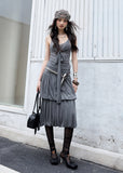 jnylon two piece set, gray knit set, korean fashion set, tie front top set, balloon skirt set, pleated skirt set, stylish korean outfit, summer knit set, vintage korean fashion, relaxed skirt set, urban summer outfit, korean street fashion