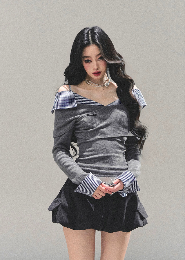 one shoulder top, asymmetric knit top, Korean fashion top, plaid layered top, fall winter knit shirt, waist slimming top, feminine Korean style, AOMALM top, draped knit blouse, off shoulder long sleeve, plaid detail shirt, aesthetic Korean outfit, trendy autumn tops, slimming knitwear women, soft girl Korean fashion, elegant knit top, street feminine style, winter layering top