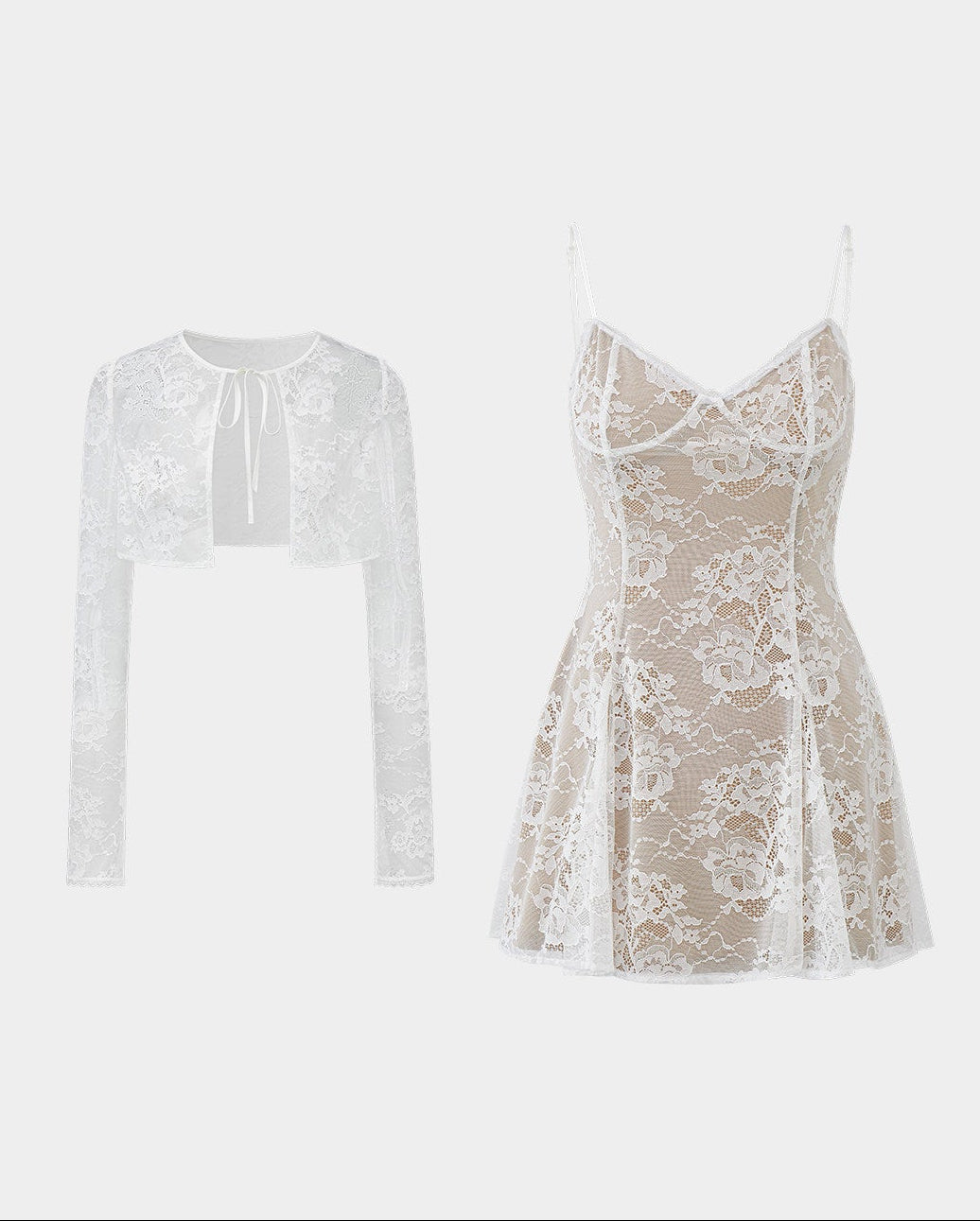 lace cardigan set, black mini dress set, lace sleeve dress, waist cinching dress set, feminine Korean dress, romantic black outfit, elegant two piece dress set, sheer lace cardigan, date night mini dress, fitted strap dress, soft goth feminine dress, summer black dress set, delicate lace outfit, party mini dress women, Korean feminine style