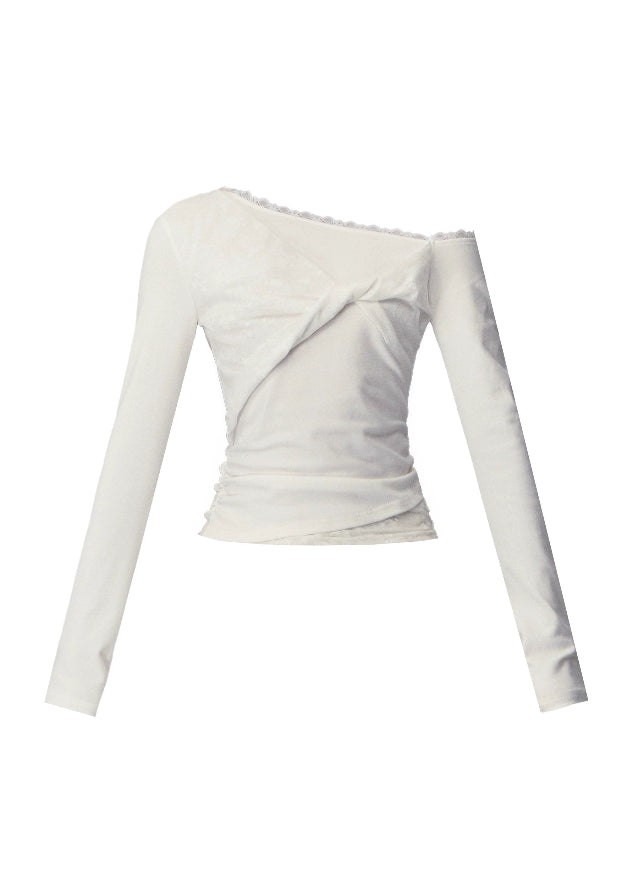 Fragileheart off-shoulder top, white lace blouse, asymmetric draped shirt, luxury Korean fashion, elegant feminine outfit, quiet luxury style, pastel noir aesthetic, winter 2025 collection, modern romantic fashion, ivory one-shoulder knit, soft lace trim top, minimalist luxury wear, Korean chic fashion, delicate off-shoulder blouse
