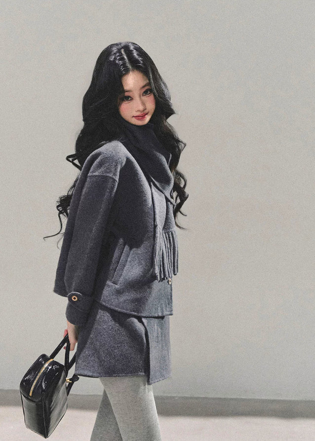 AOMALM coat set, reversible tweed coat, Korean winter outfit, tweed skirt set, winter two-piece suit, feminine Korean style, gray tweed jacket, winter mini skirt outfit, thick tweed coat women, luxury winter suit set, Korean fashion 2025, reversible winter jacket women, elegant winter outfit women, fringe scarf coat, wool blend short coat, autumn winter matching set, stylish tweed coordinates, A-line mini skirt winter, warm tweed jacket, trendy Korean outfit set.