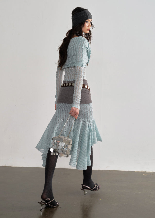 JNYLON mint layered outfit women, Korean stylish translucent knit set, modern Korean fashion irregular skirt, chic mint swing collar top, trendy Korean street chic outfit, hazy atmosphere layered set Korean style, lightweight mint fashion set women, urban fashion layered skirt outfit, stylish Korean aesthetic mint outfit, fashionable translucent knitwear women