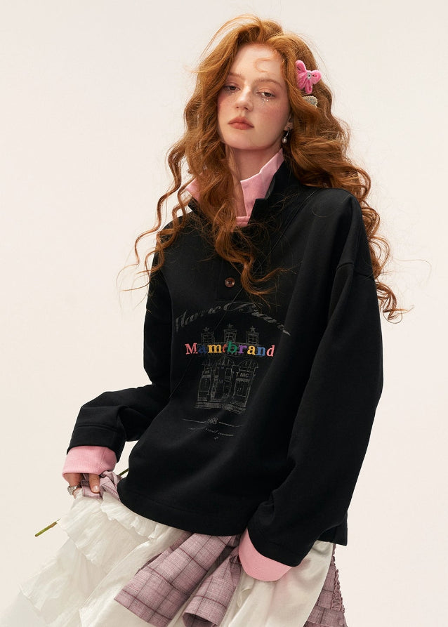 fake two piece polo sweatshirt women, button lapel layered top, american casual loose fit sweatshirt, 2025 street fashion women, korean sporty street top, preppy layered polo sweater, fake layer collar pullover, casual lapel sweatshirt outfit, nowa tokyo american street style
