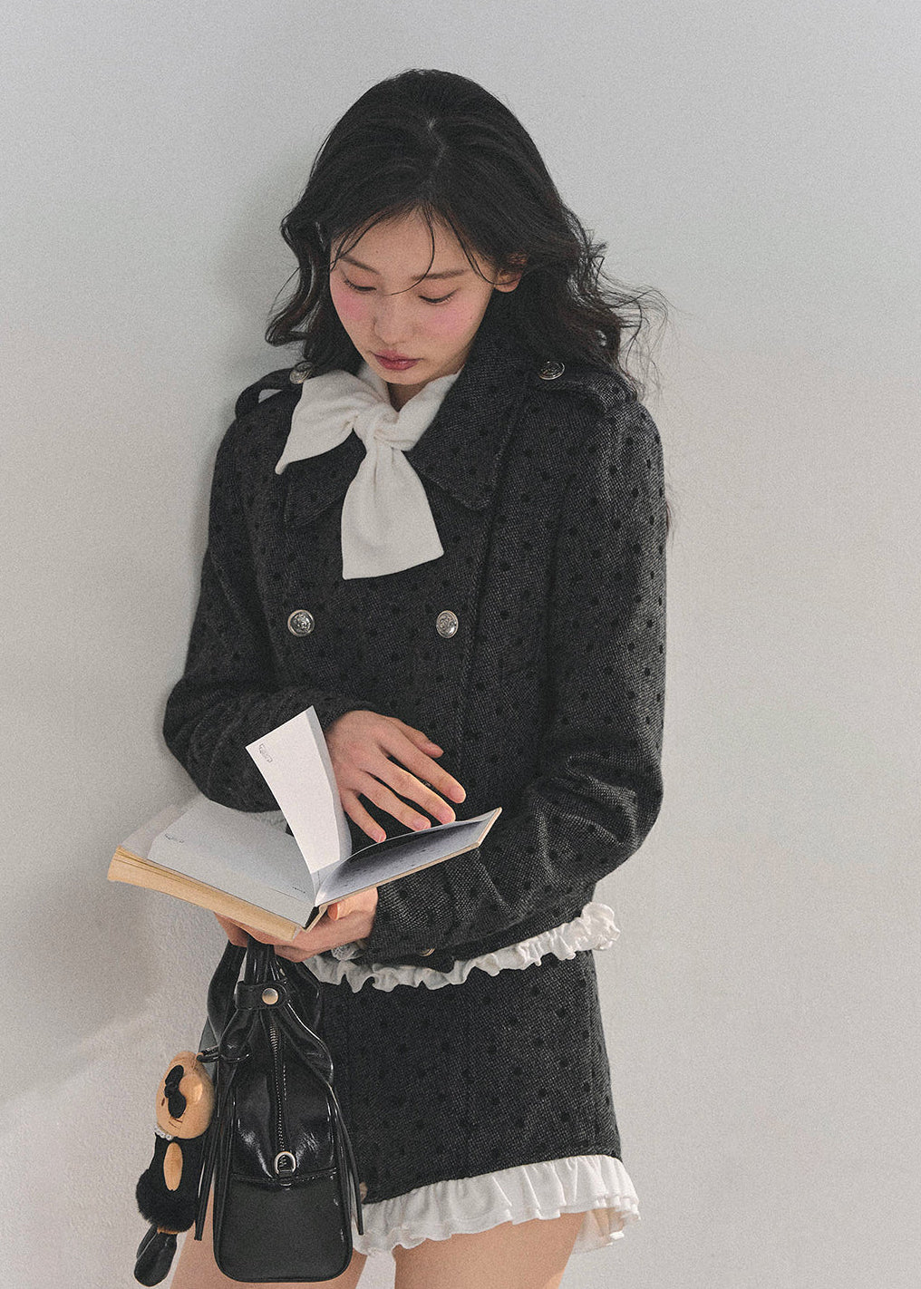 Korean wool suit set, feminine winter outfit, polka dot wool jacket, lace trim shorts set, Korean girly fashion, AOMALM suit set, soft feminine aesthetic, Korean winter clothing, cute wool two-piece, winter date outfit women, lace detail jacket, Korean street style winter, sweet girl fashion, polka dot tweed set, elegant wool short suit, Korean chic outfit, winter feminine suit set, lace trimmed wool jacket