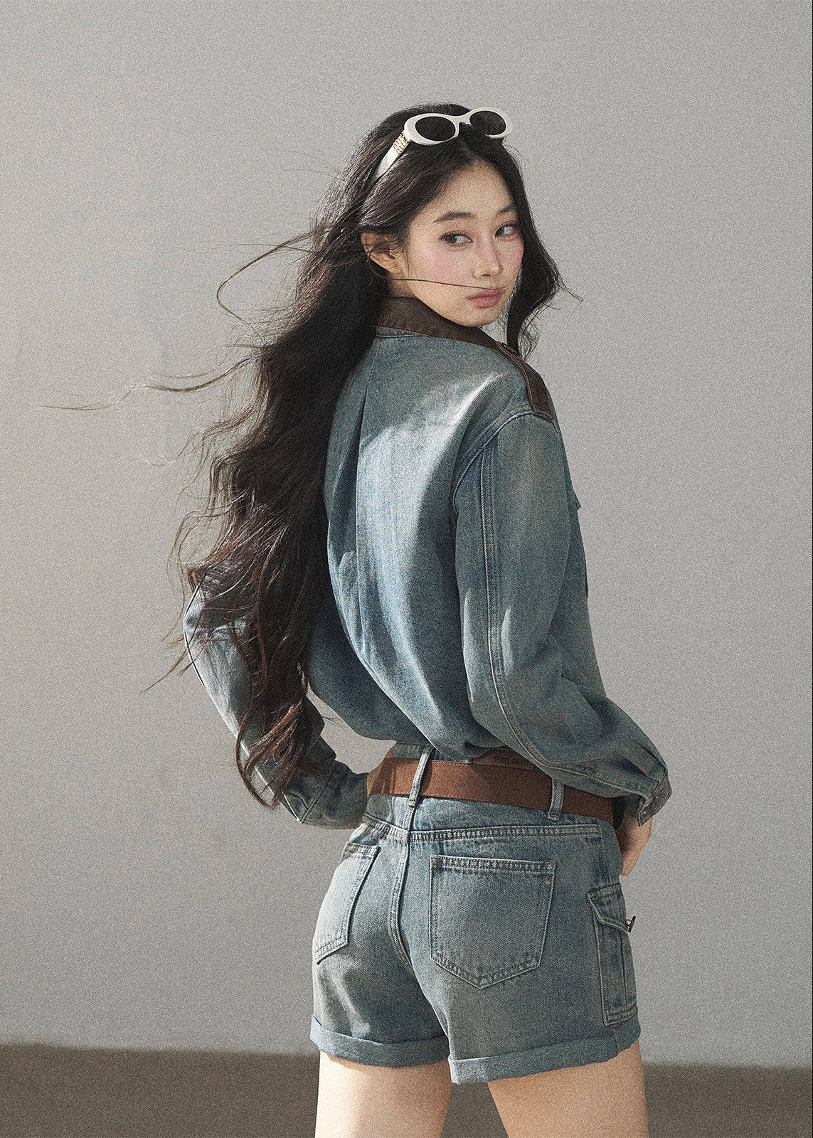 Washed denim jacket and shorts two-piece set