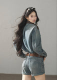 Washed denim jacket and shorts two-piece set