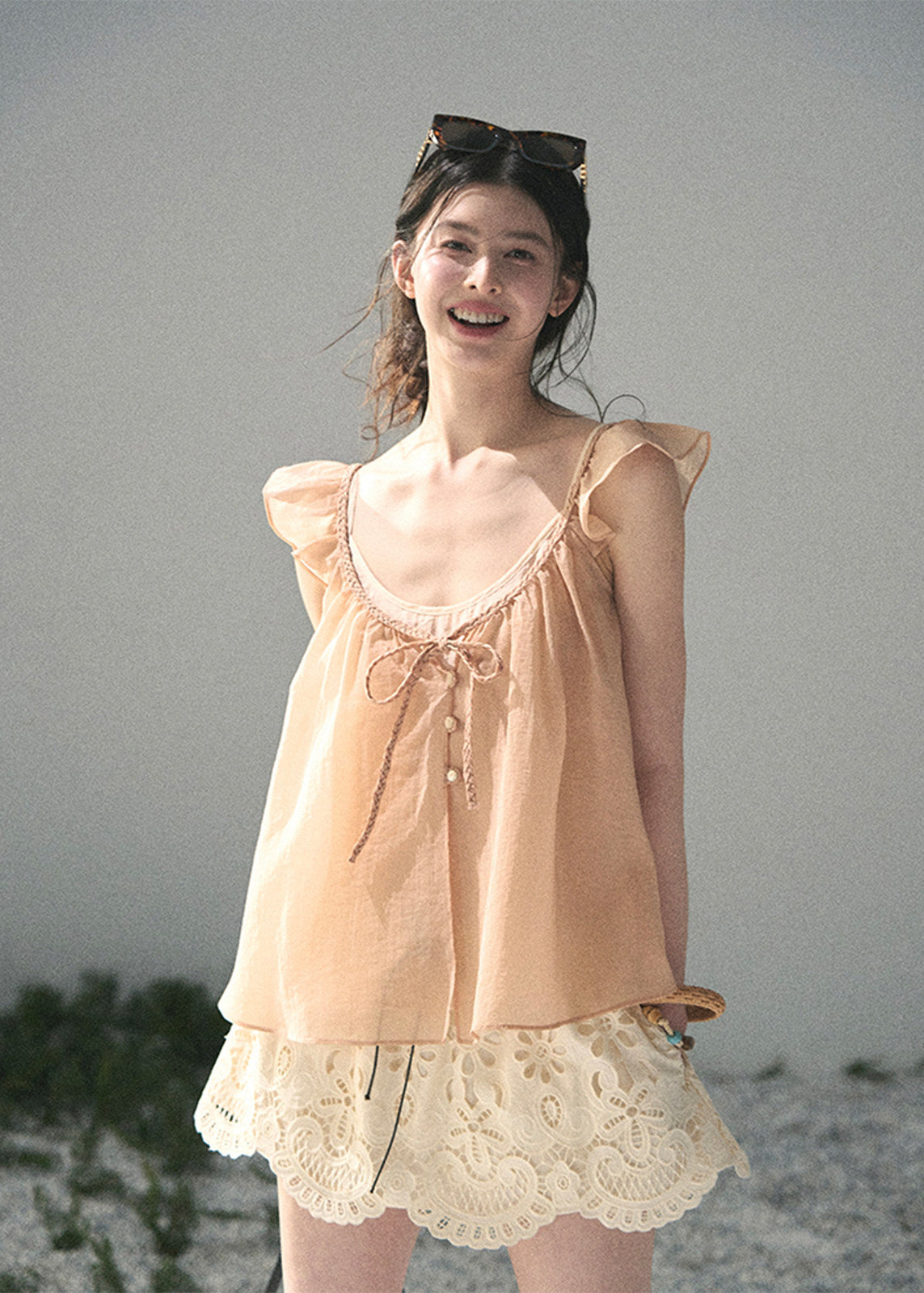 aomalm top, peach camisole top, flutter sleeve top, feminine korean top, layered summer top, two piece blouse women, acetate cotton top, tencel camisole, romantic summer blouse, korean fashion top, soft peach blouse, vacation outfit women, pretty summer top