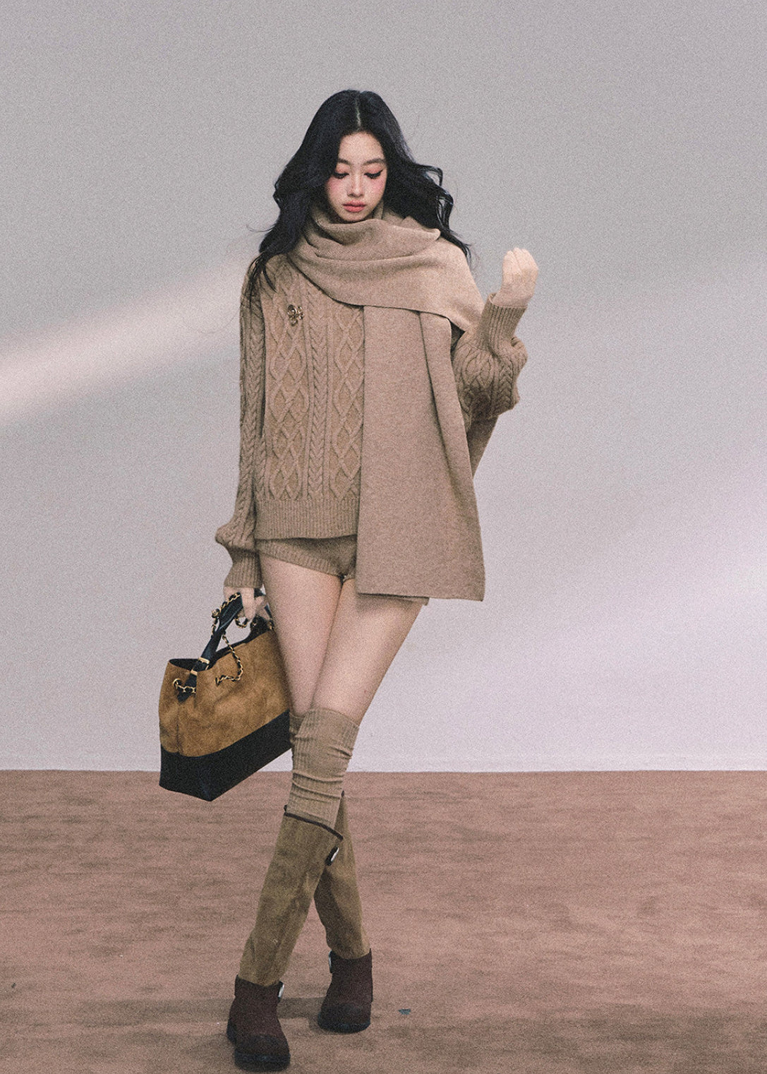 AOMALM knit set, Korean sweater set women, winter knit shorts set, college style knitwear, cable knit sweater women, feminine winter outfit, Korean cozy set, three piece knit set women, soft knit sweater winter, preppy Korean style outfit, winter lounge set women, scarf sweater set, cute winter knitwear, aesthetic Korean fashion, casual winter knit set