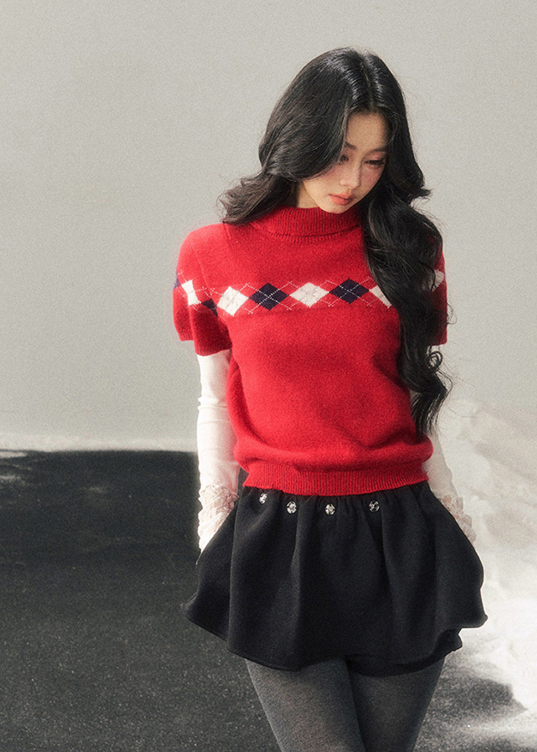 AOMALM knit sweater, winter knit top women, Korean style sweater, semi high neck sweater, argyle knit top, red winter sweater, short sleeve knit winter, feminine knit top, soft winter sweater, holiday knit top, Korean fashion winter, slim fit knit sweater, layering winter top, cute winter sweater women, Christmas knit sweater, aesthetic knitwear
